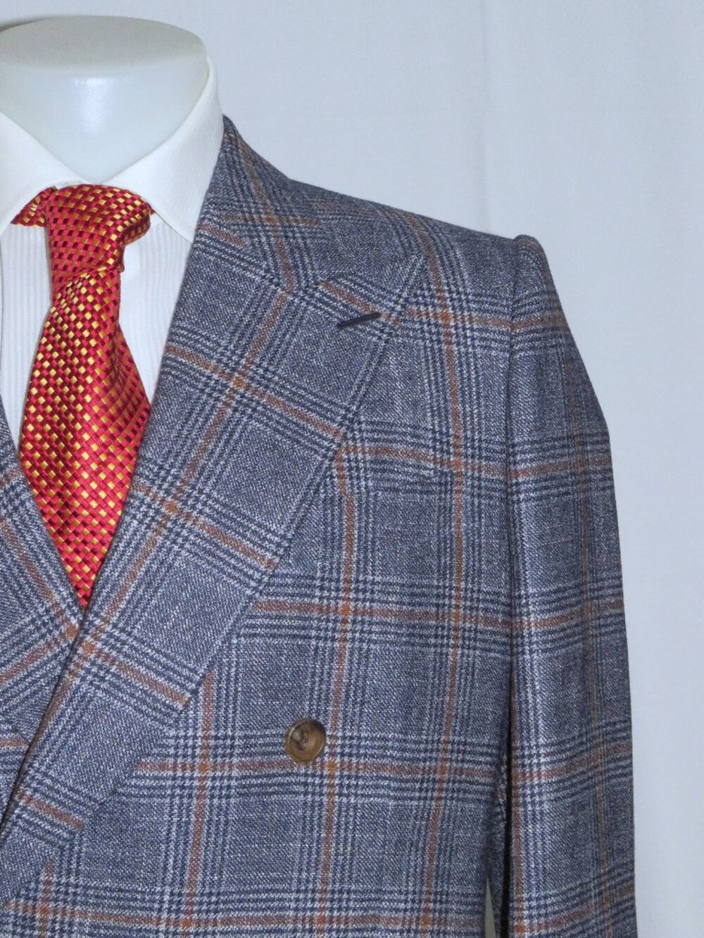 Edward Sexton Savile Row Bespoke Slate Gray Plaid Double Breasted Blazer 40L